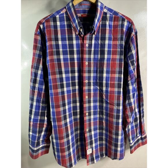 Izod Saltwater Blue & Red Plaid Long Sleeve Button Up Shirt Men's Size XL 46-48 - Picture 1 of 7